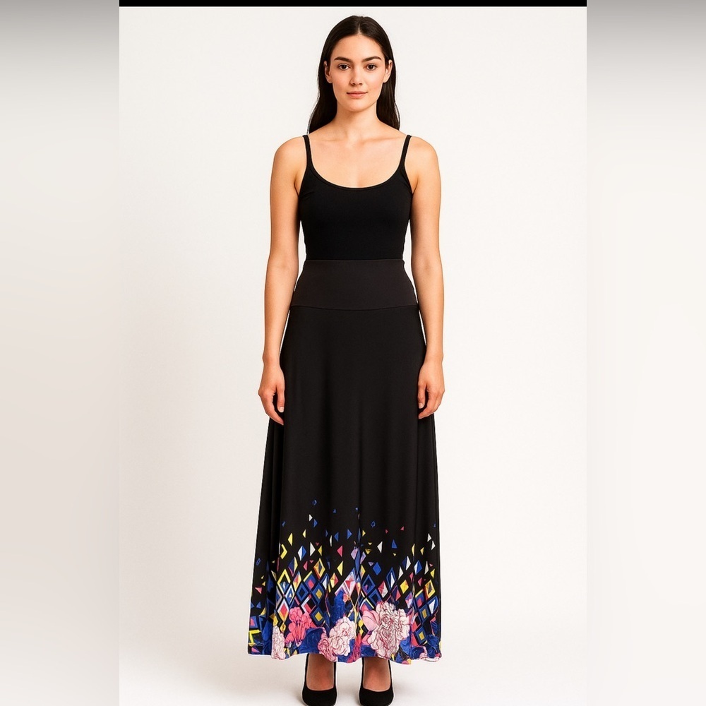 Lula Roe Elegant Black Maxi Skirt with Colorful Geometric Print.    Size-X-Large